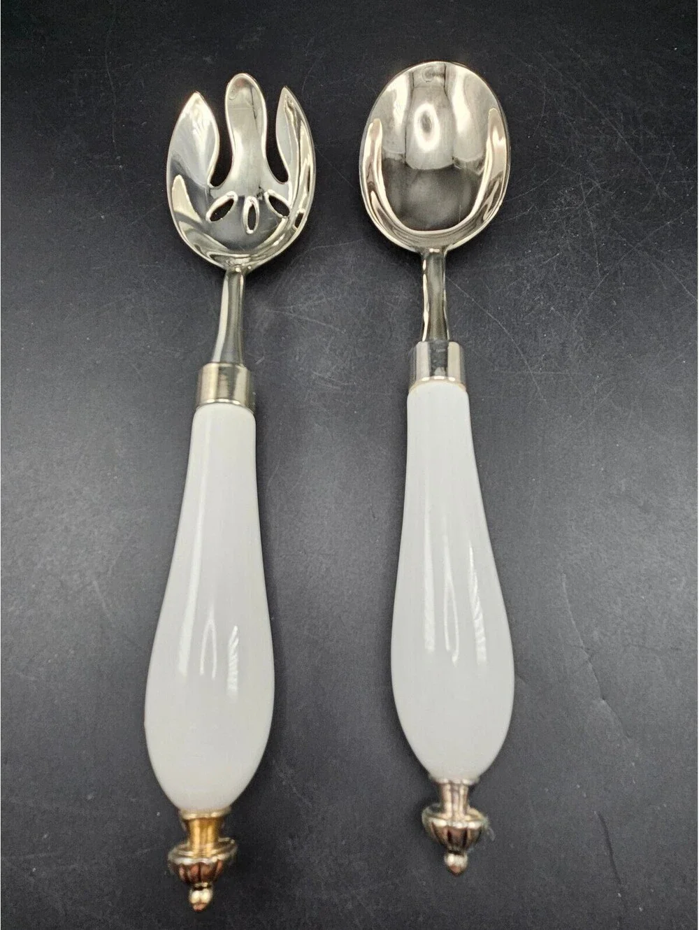 Studio Silversmith Cordon Bleu Silver Plated Salad Serving Set Porcelain Handle